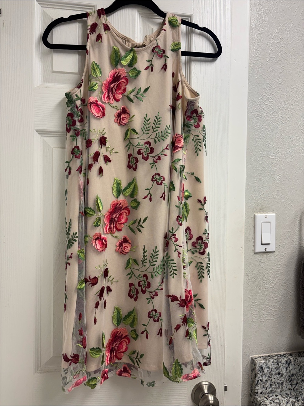 ECI Sleeveless Midi Dress with Pink Floral Embroidery